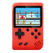 Red handheld game console with a classic game displayed on the screen.