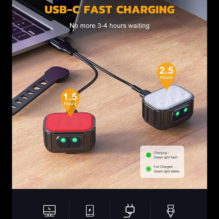USB-C fast charging device with laptop on a wooden surface, showing charging time and compatibility icons.