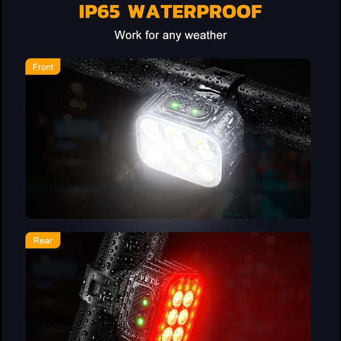 Bicycle lights with IP65 waterproof rating on a dark background