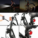 A bicycle safety light set shown in a five-panel collage: two panels show a cyclist riding at night with the light turned on, and three panels show close-up product views of the black clip-on light mounted on a bicycle frame and seat post with a red rear reflector.