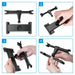 Step-by-step assembly of a black adjustable phone holder with hands demonstrating each step.