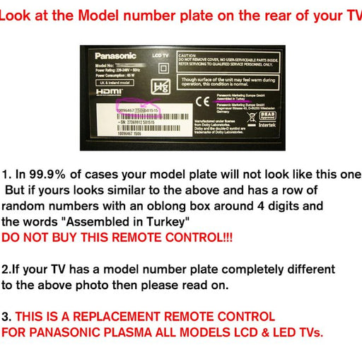 Instructional text and image of a Panasonic TV model number plate with warning about counterfeit remote controls.