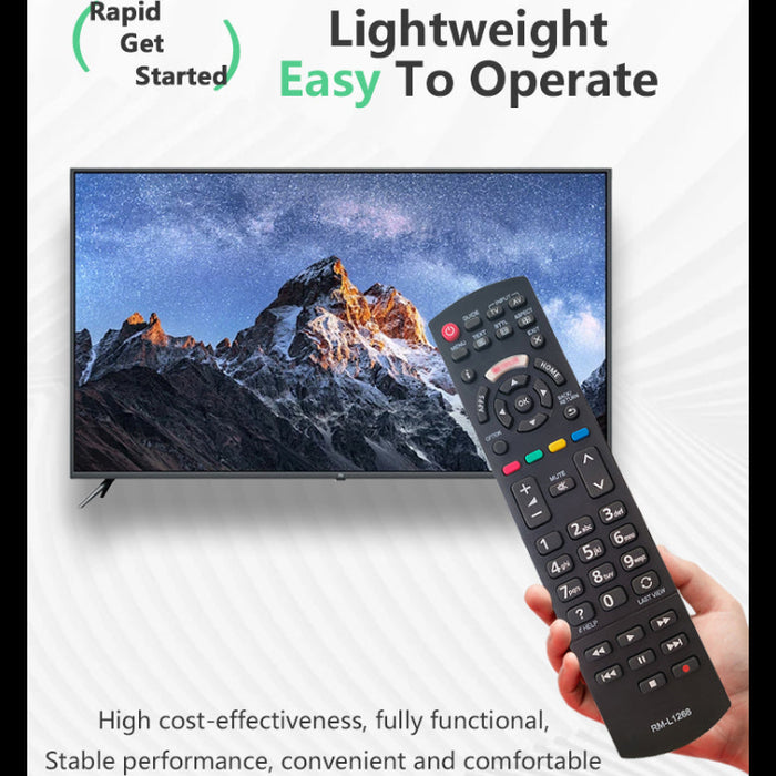 Hand holding a remote control in front of a TV displaying a mountain scene, with text about the product's features.