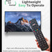 Hand holding a remote control in front of a TV displaying a mountain scene, with text about the product's features.