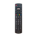 Black remote control with various buttons on a white background