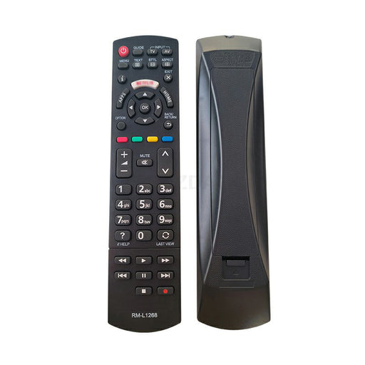 Black remote control with numeric keypad and various buttons on a white background