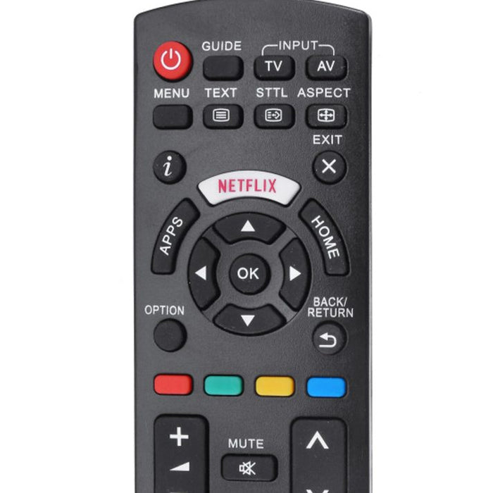 Black remote control with Netflix button on a white background