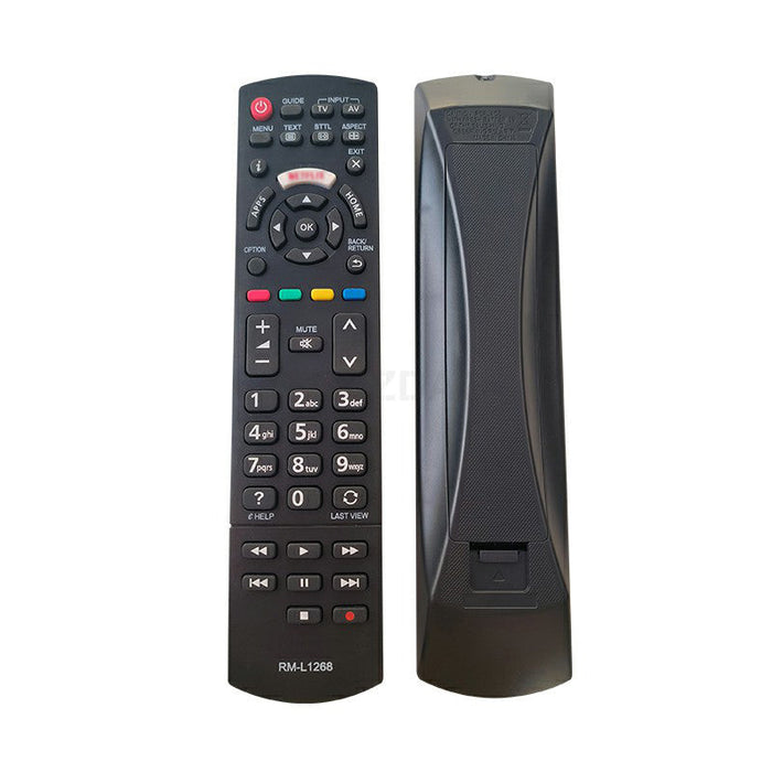 Black remote control with numeric keypad and various buttons on a white background
