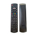 Black remote control with numeric keypad and various buttons on a white background
