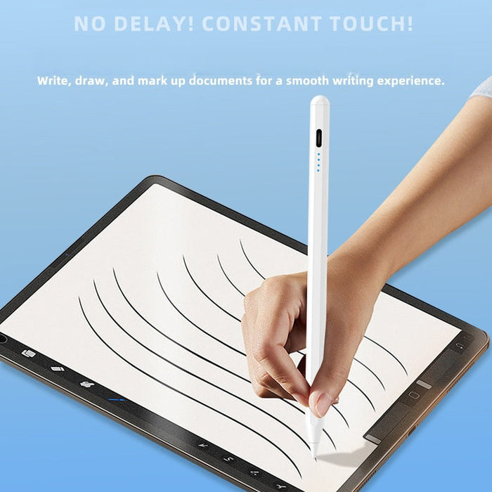 Hand holding a stylus over a digital drawing pad with text 'No delay! Constant touch!' on a blue background.