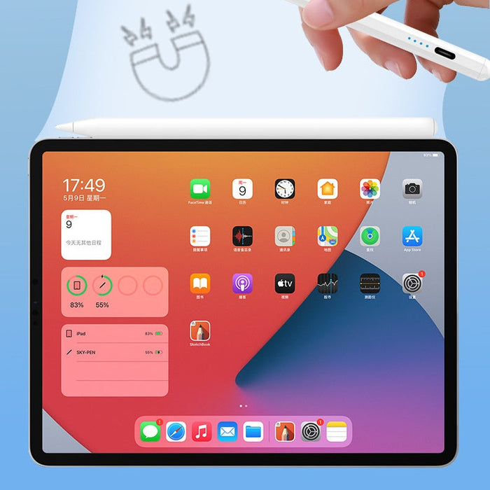 Hand holding a stylus above a tablet with a blue background