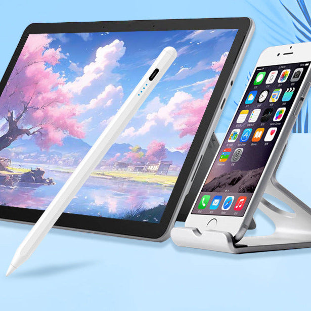 Tablet with stylus and smartphone on a stand against a scenic background