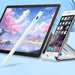 Tablet with stylus and smartphone on a stand against a scenic background