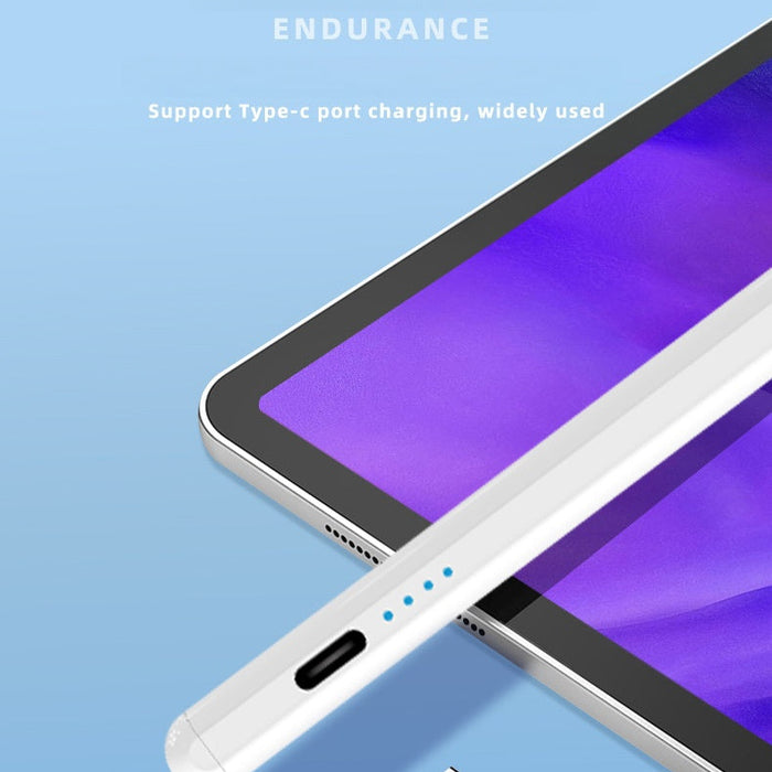 Tablet with stylus on a blue background, emphasizing Type-C port charging.