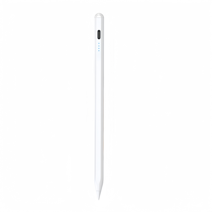 A white stylus pen with a USB-C charging port and four blue LED indicator lights, shown vertically against a plain white background.