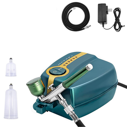 Teal airbrush machine with accessories on a white background