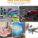 Collage of various applications using spray paint on paper, plastic, wood, and ceramic with text 'WIDE APPLICATIONS'.