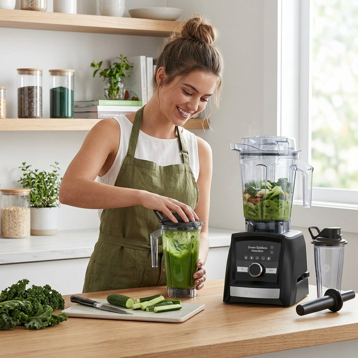 A woman prepares a green smoothie using a Vitamix Ascent A3500i blender in a bright, modern kitchen.