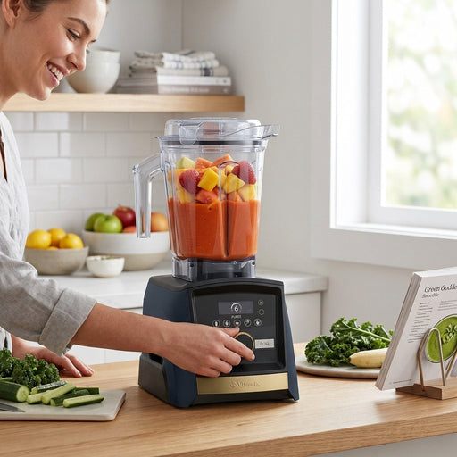 A woman uses a Matt Blue Vitamix blender to prepare a fruit smoothie in a bright, modern kitchen.