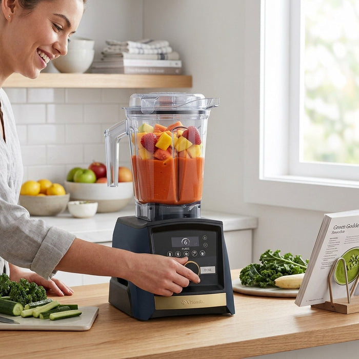 A woman uses a Matt Blue Vitamix blender to prepare a fruit smoothie in a bright, modern kitchen.