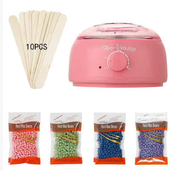 Pink wax warmer with hard wax beans and sticks on a white background