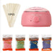 Pink wax warmer with hard wax beans and sticks on a white background