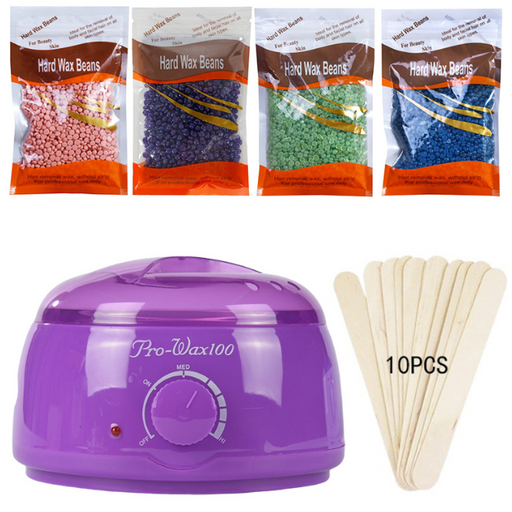 Purple wax warmer with packages of hard wax beans and wooden sticks on a white background