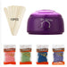 Purple wax warmer with wooden sticks and hard wax beans on a white background