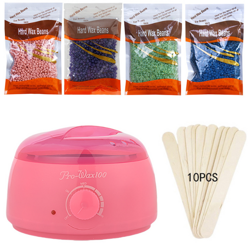 Pink wax warmer with hard wax beans and wooden sticks on a white background