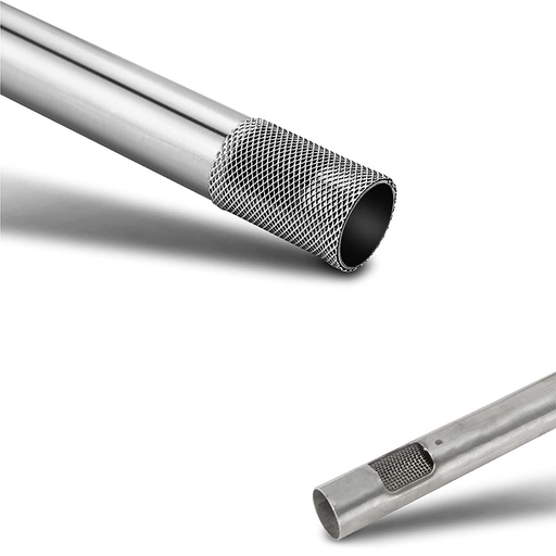 Metallic tube pipe with textured end cap on a white background