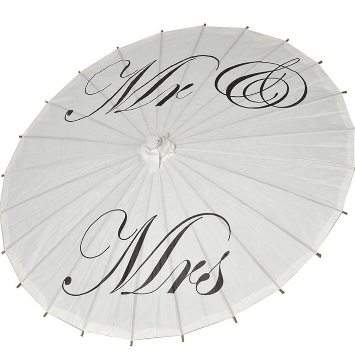 White umbrellawith 'Mr' and 'Mrs' text on a white background