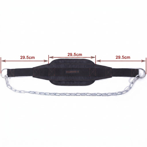 Black weightlifting belt with a silver metal chain and hooks, shown with red dimension lines and labels indicating 29.5cm measurements.