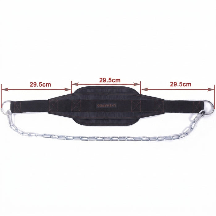 Black weightlifting belt with a silver metal chain and hooks, shown with red dimension lines and labels indicating 29.5cm measurements.