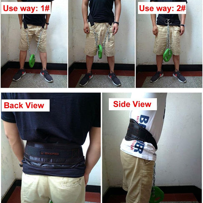 Person wearing a belt with two green objects, shown from front, back, and side views.