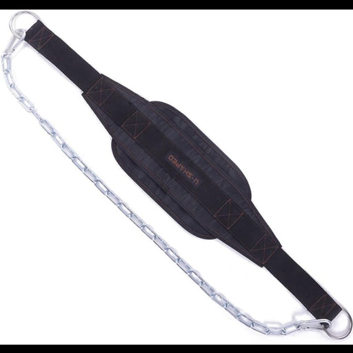 Black weightlifting belt with chain on a white background