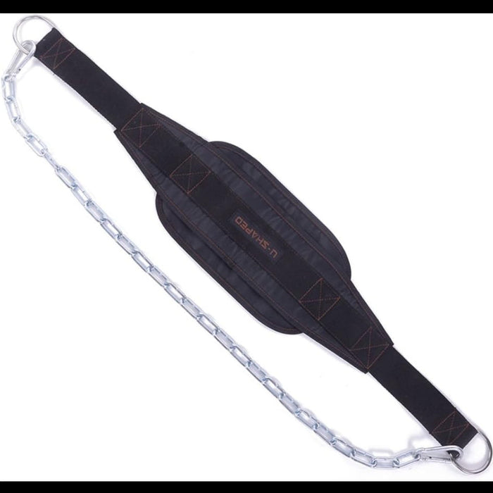 Black weightlifting belt with chain on a white background