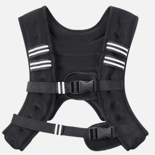 Black dog harness with reflective stripes on a white background