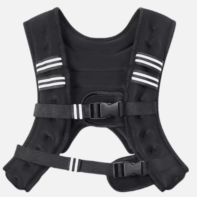 Black dog harness with reflective stripes on a white background