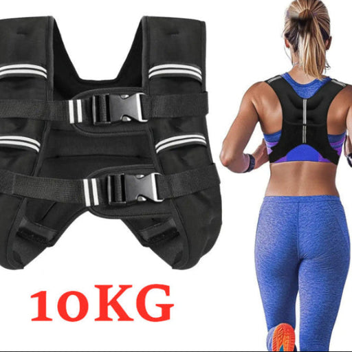 Black weighted vest with '10 KG' label and a person wearing it on a white background