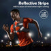 Man running at night with a reflective stripe vest, text 'Reflective Stripe' and 'Add to peace of mind when night running'.