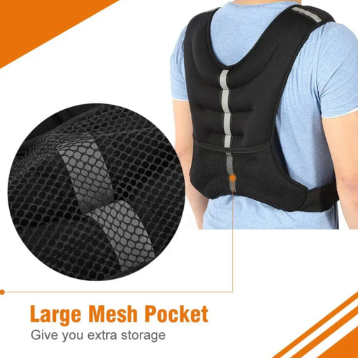 Person wearing a black back support brace with a close-up of the large mesh pocket on a white background.
