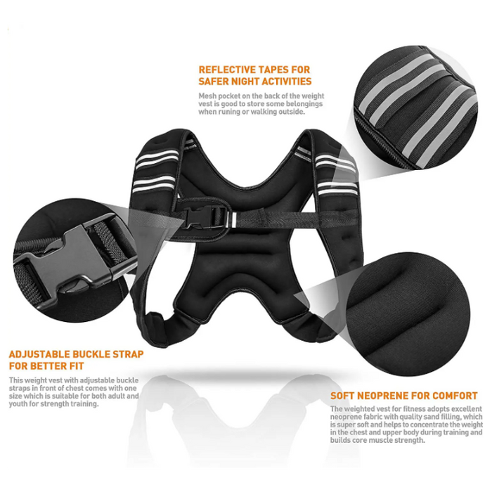Black weighted vest with reflective tapes and adjustable buckle strap on a white background