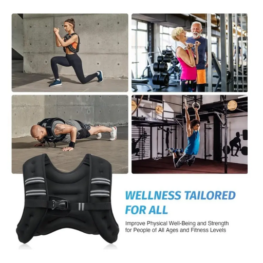 Collage of people exercising with a black vest labeled 'Wellness Tailored for All'.