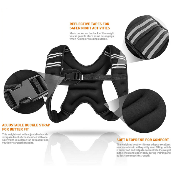 Black weighted vest with reflective tapes and adjustable buckle strap on a white background