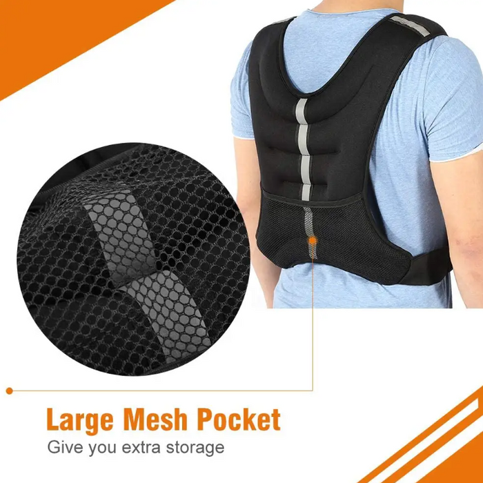 Person wearing a black back support brace with a close-up of the large mesh pocket on a white background.