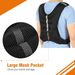 Person wearing a black back support brace with a close-up of the large mesh pocket on a white background.