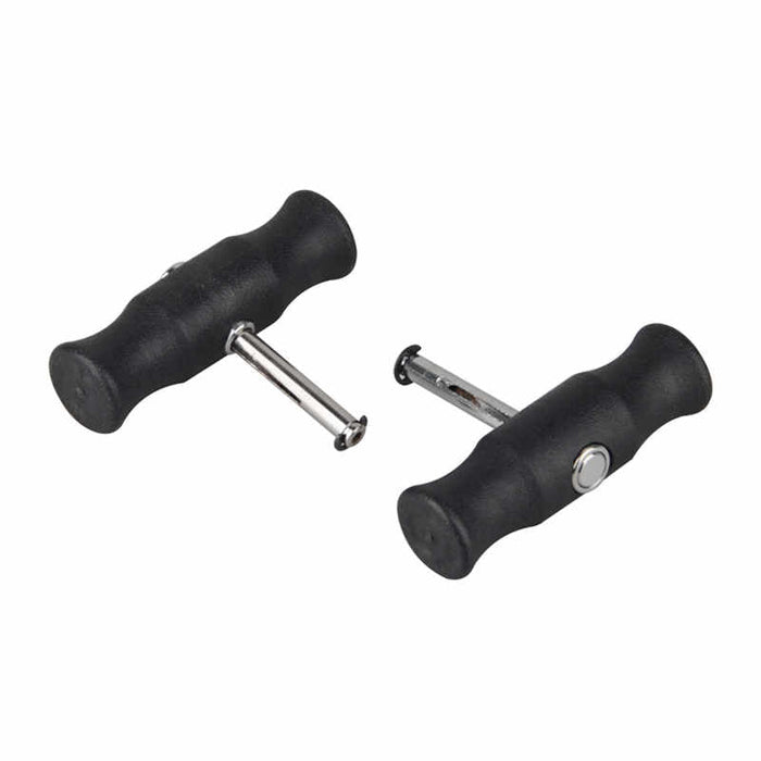 Two black handles with metal clasps on a white background