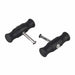 Two black handles with metal clasps on a white background