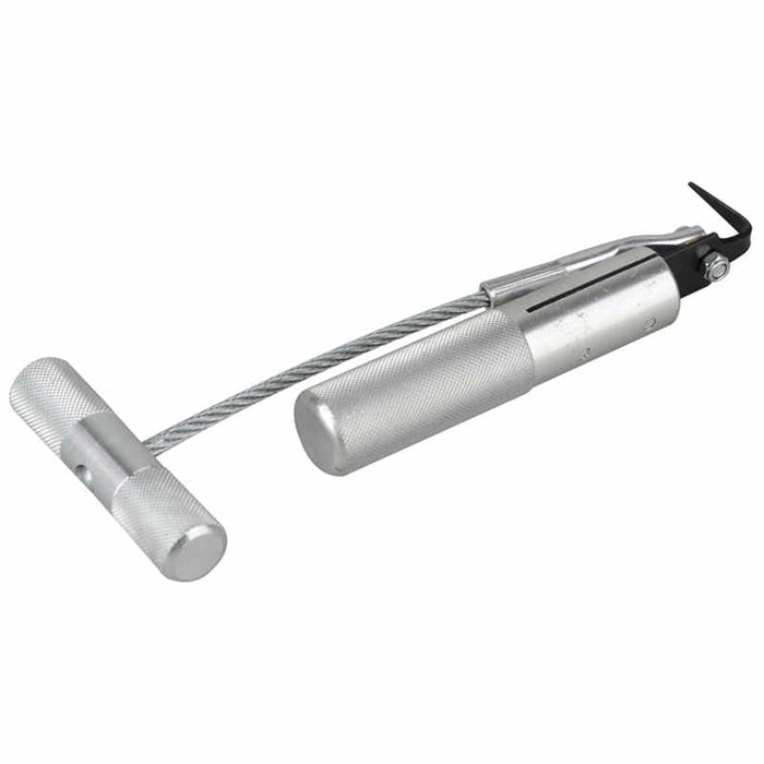 Metallic tool with a handle and curved end on a white background