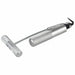 Metallic tool with a handle and curved end on a white background